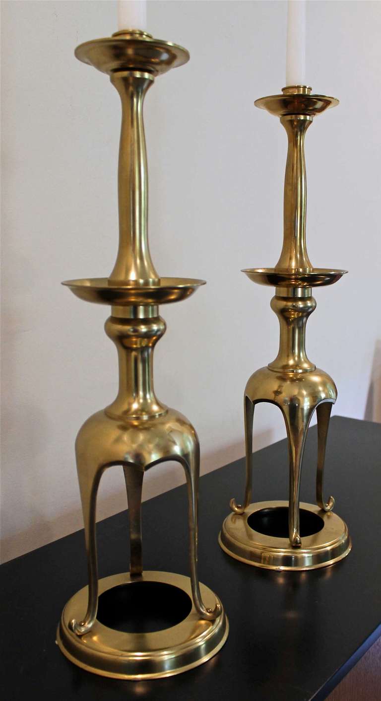 Mid-20th Century Pair of Tall Japanese Brass Candlesticks