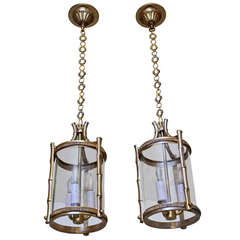 Pair French Brass Faux Bamboo Pendant Lights