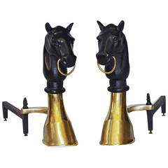 Vintage Pair of Heavy Bronze and Cast Iron Horse Equestrian Andirons
