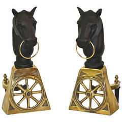 Retro Pair of Brass and Cast Iron Horse Equestrian Andirons