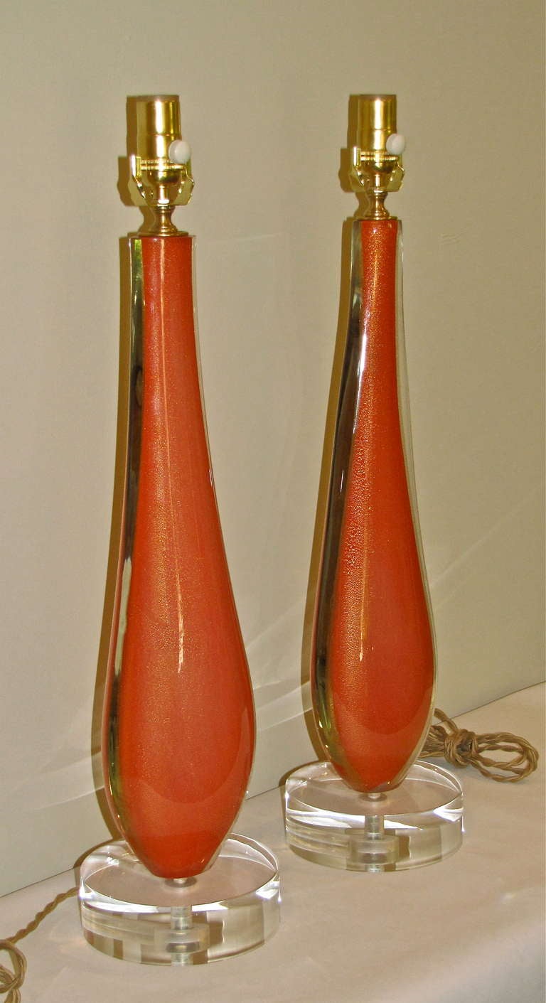 Pair of Rare Flavio Poli Orange Murano Glass Table Lamps In Excellent Condition In Palm Springs, CA