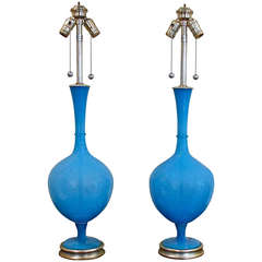 Large Pair of Vibrant Blue Swedish Blown Glass Table Lamps by Marbro
