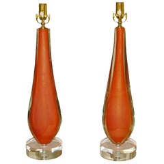 Pair of Rare Flavio Poli Orange Murano Glass Table Lamps