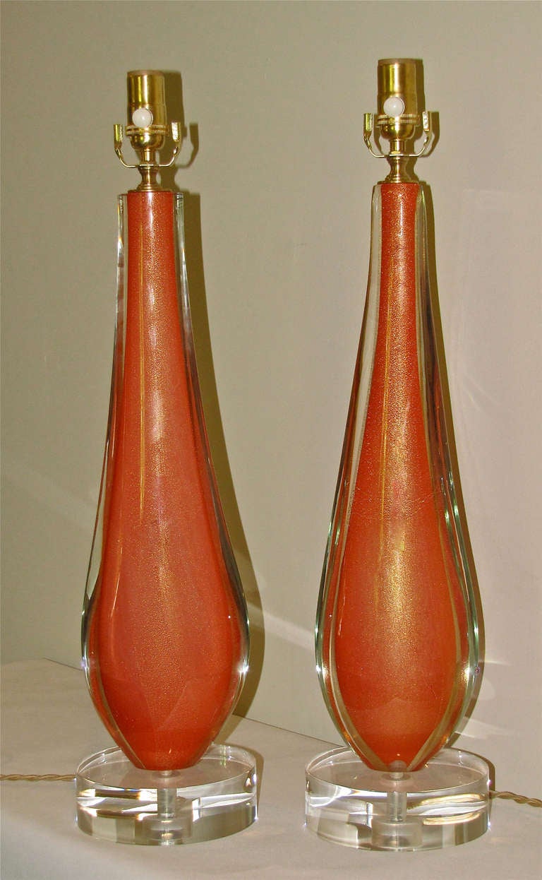 Pair of Rare Flavio Poli Orange Murano Glass Table Lamps 1