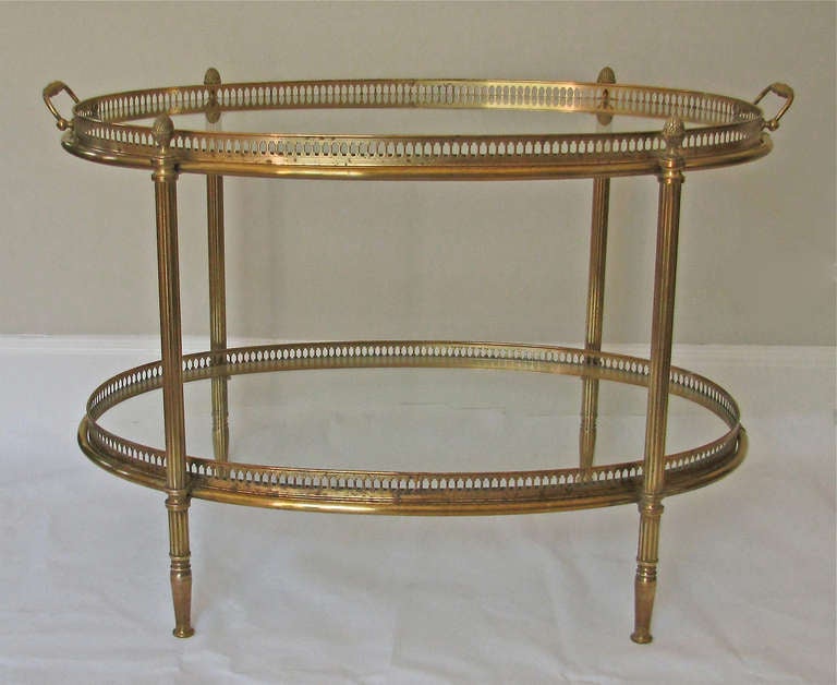 Oval 2 tier brass French side table (or tea table) with removable glass inset tray.