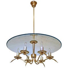 Italian Fontana Arte Style Brass Etched Glass Chandelier