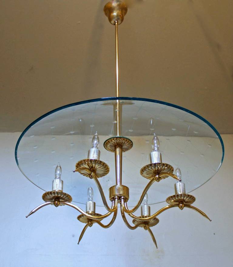 Italian Fontana Arte Style Brass Etched Glass Chandelier