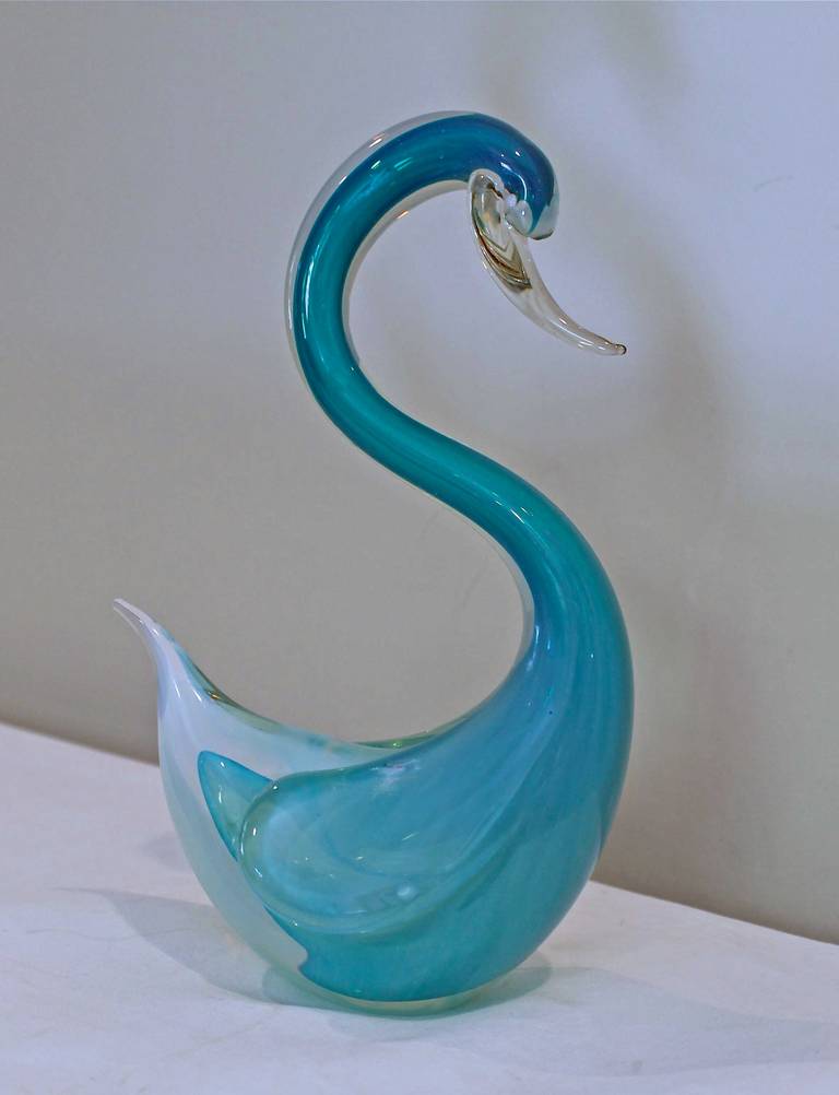 Large Italian hand blown aqua blue glass swan by Seguso in the 