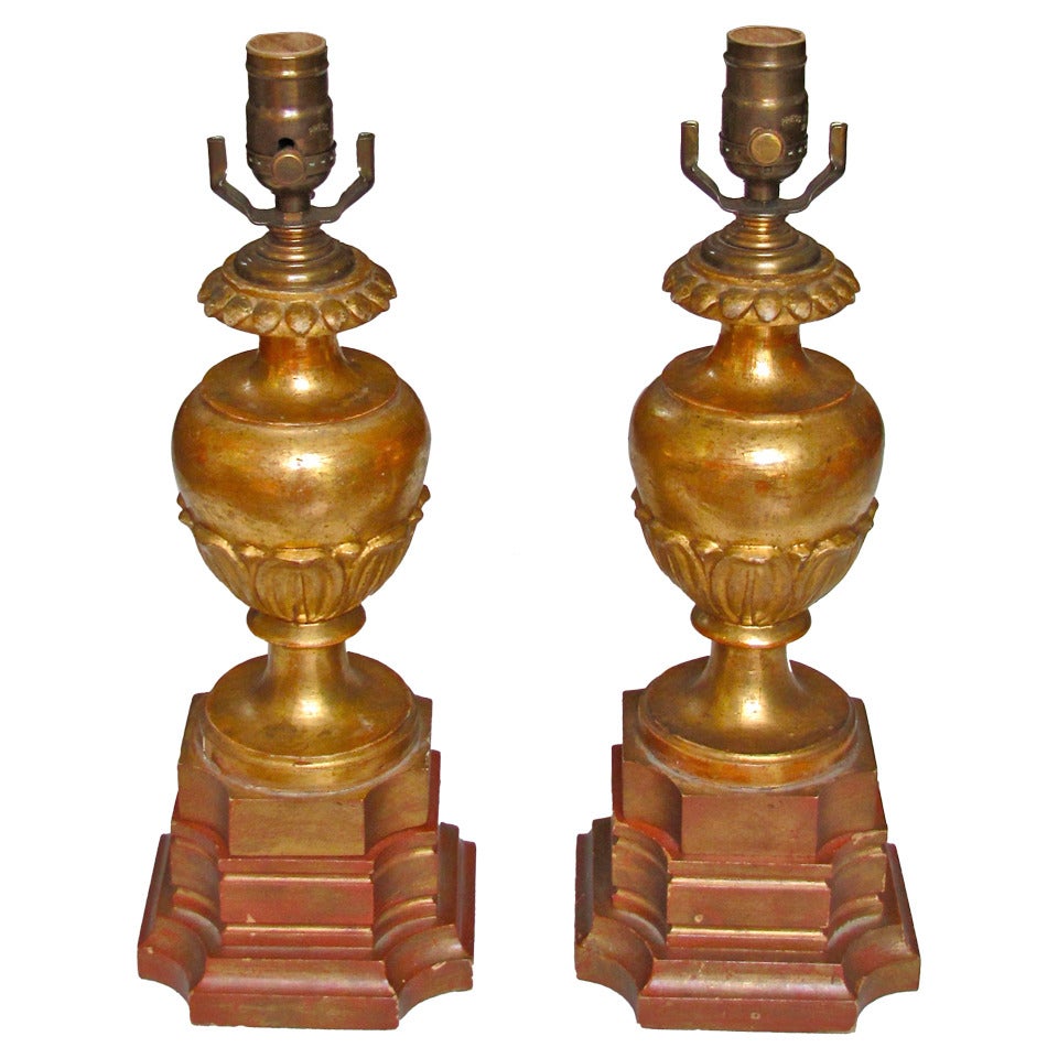 Pair of Italian Carved Wood Water Gilt Lamps