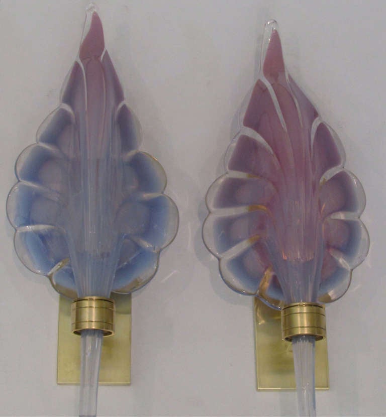 Pair Murano Purple Lavendar Glass Leaf Sconces In Excellent Condition In Palm Springs, CA