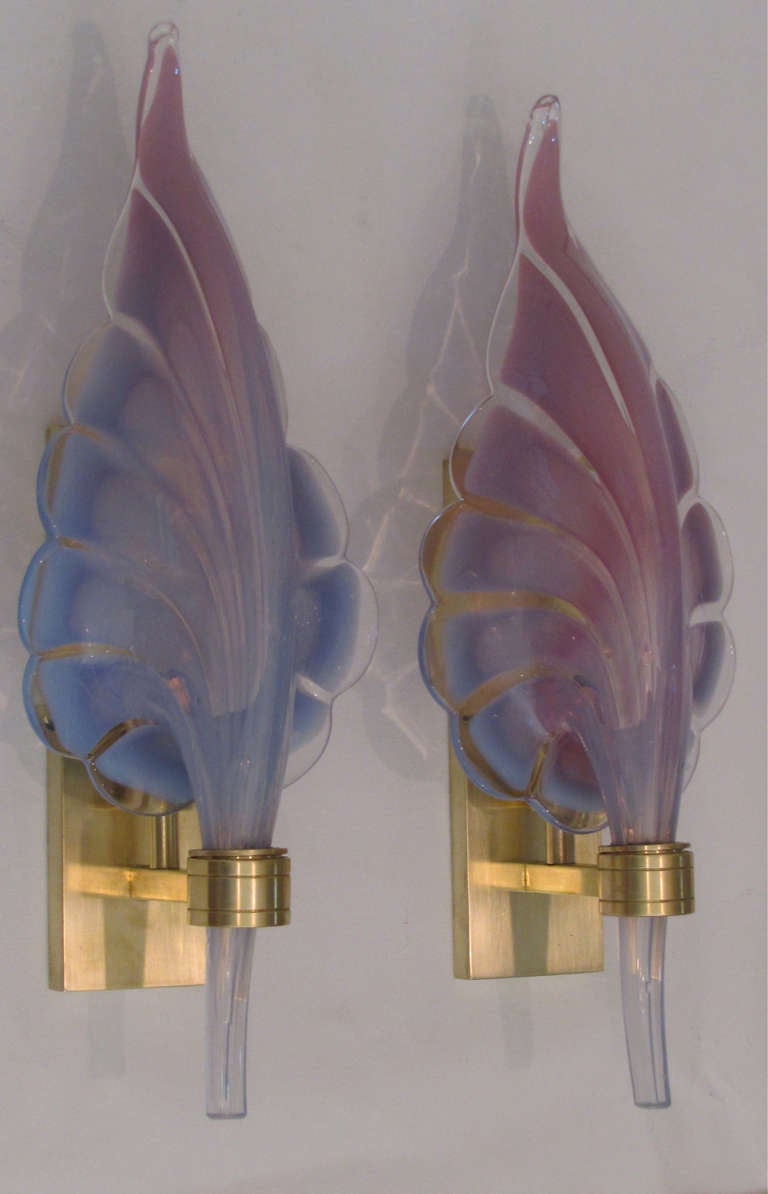 Brass Pair Murano Purple Lavendar Glass Leaf Sconces