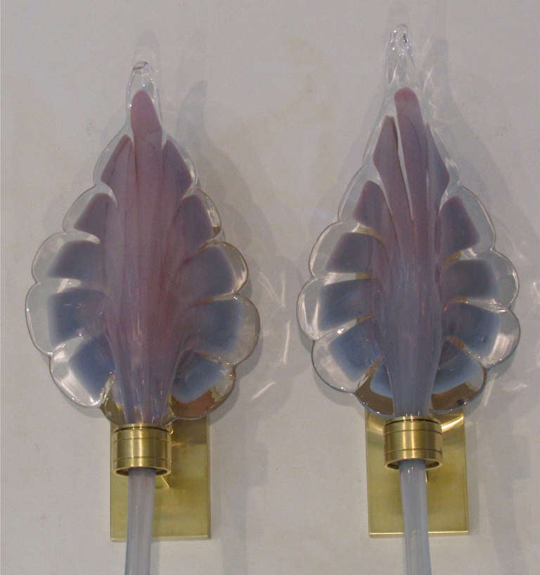 Pair Murano Purple Lavendar Glass Leaf Sconces 2