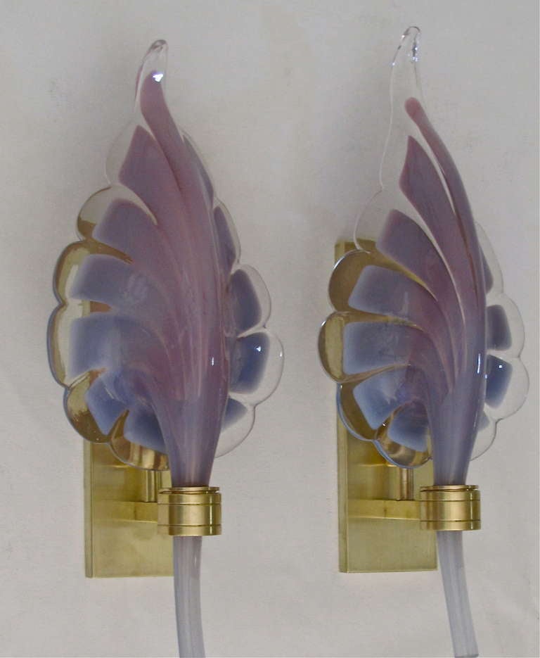 Pair Murano Purple Lavendar Glass Leaf Sconces In Excellent Condition In Palm Springs, CA
