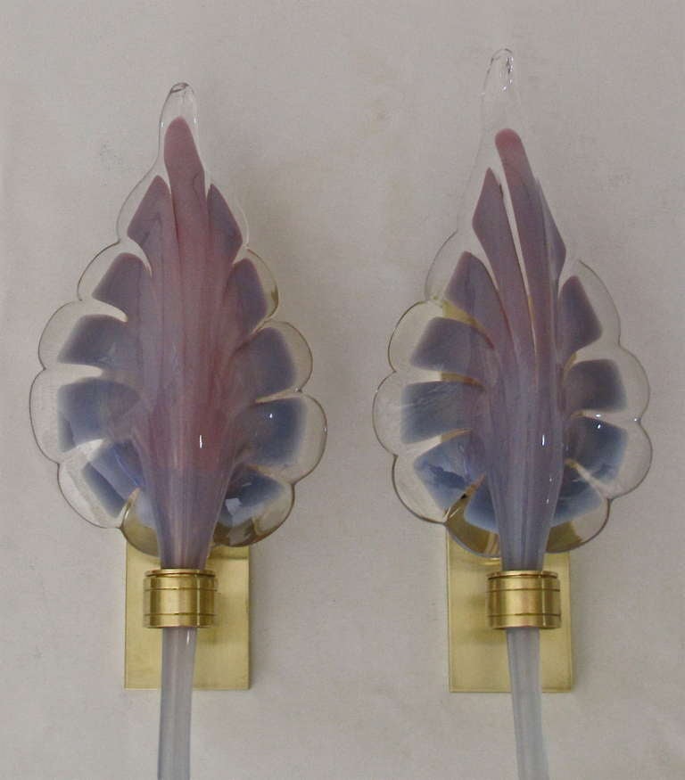 Pair Murano Purple Lavendar Glass Leaf Sconces 4