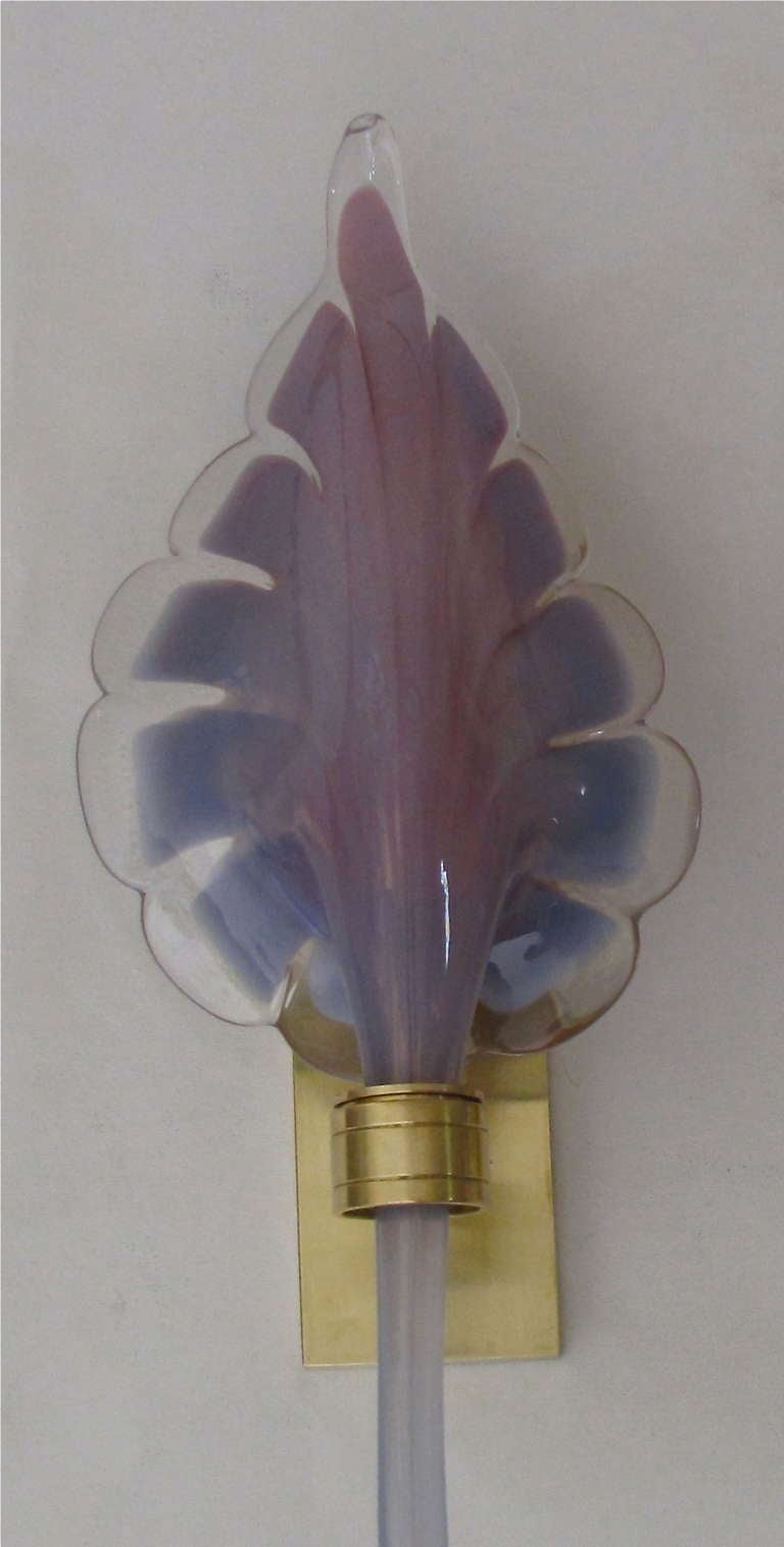 Italian Pair Murano Purple Lavendar Glass Leaf Sconces