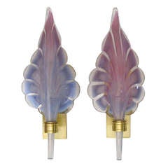 Pair Murano Purple Lavendar Glass Leaf Sconces