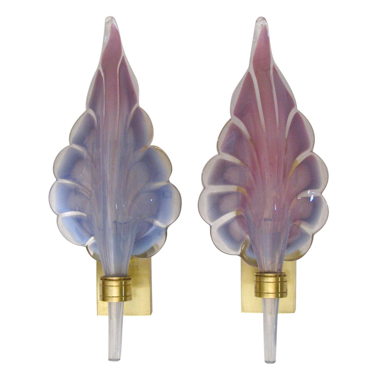 Pair Murano Purple Lavendar Glass Leaf Sconces