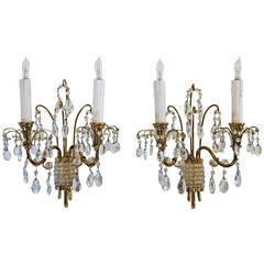 Vintage Pair of Lobmeyr Brass Bouquet Crystal Sconces