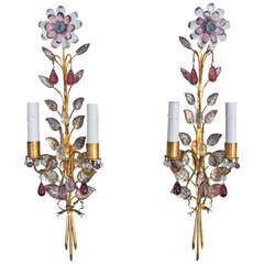 Pair Bagues Floral Gilt Bronze Wall Sconces