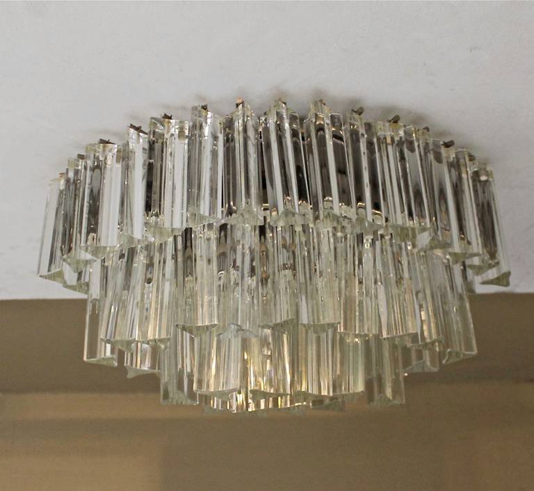 Oval Camer Glass Italian, Triedi Crystal Prism Flush Mount Chandelier In Good Condition In Palm Springs, CA