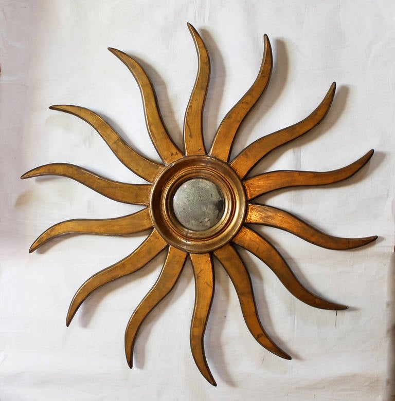 Mid-20th Century Large Giltwood Sunburst Convex Wall Mirror