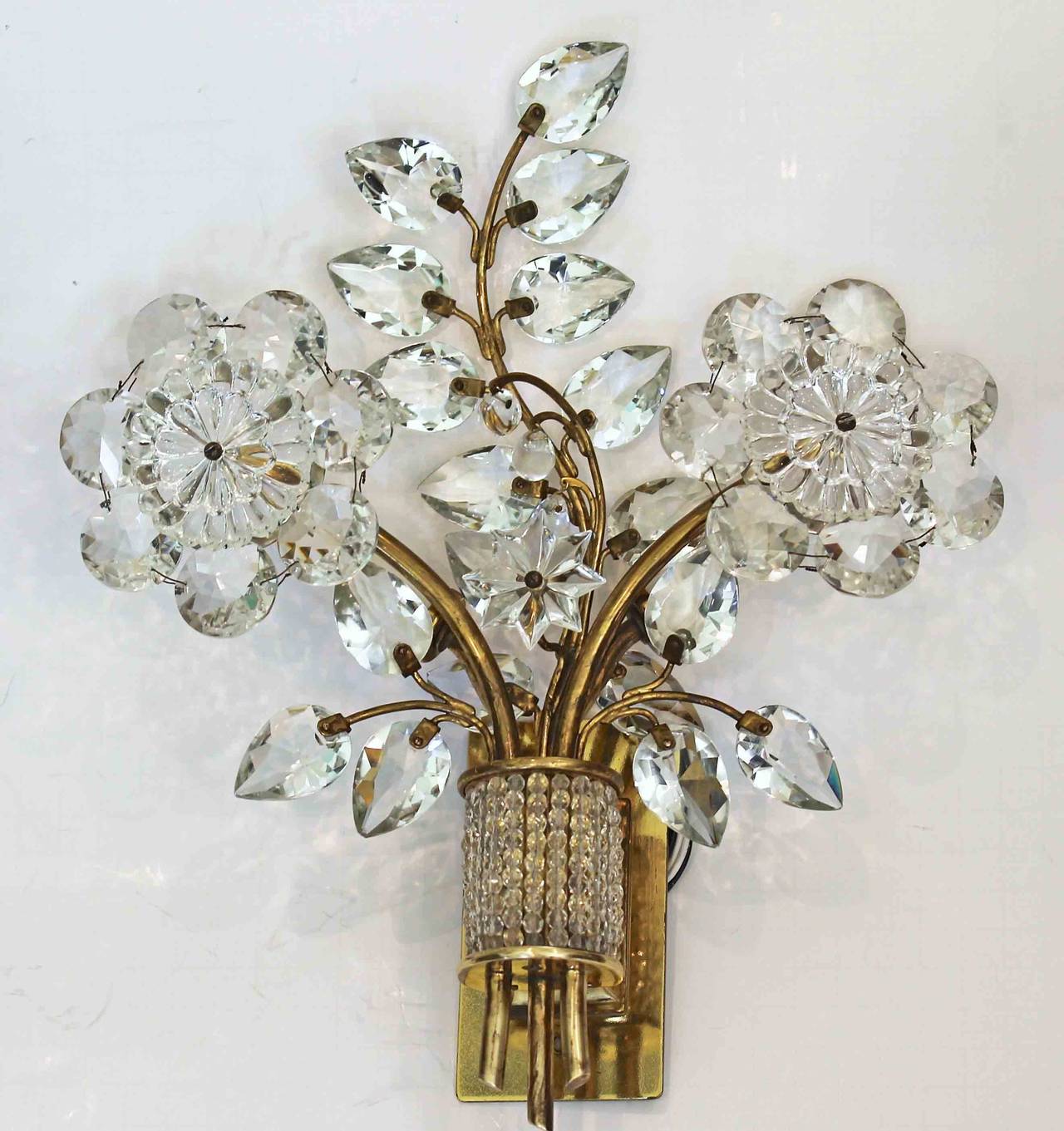 Brass Pair of Floral Lobmeyr Wall Sconces by 