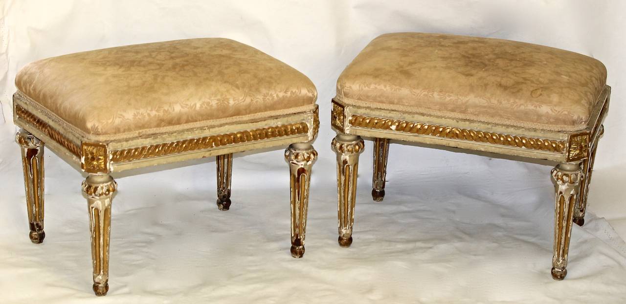 Pair French Louis VXI Painted & Gilt Benches Stools 5