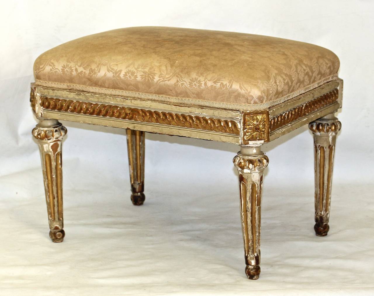 19th Century Pair French Louis VXI Painted & Gilt Benches Stools