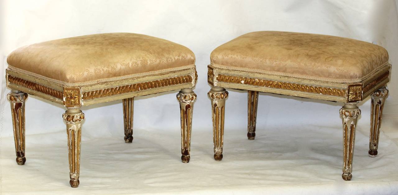 Pair French Louis VXI Painted & Gilt Benches Stools In Fair Condition In Dallas, TX