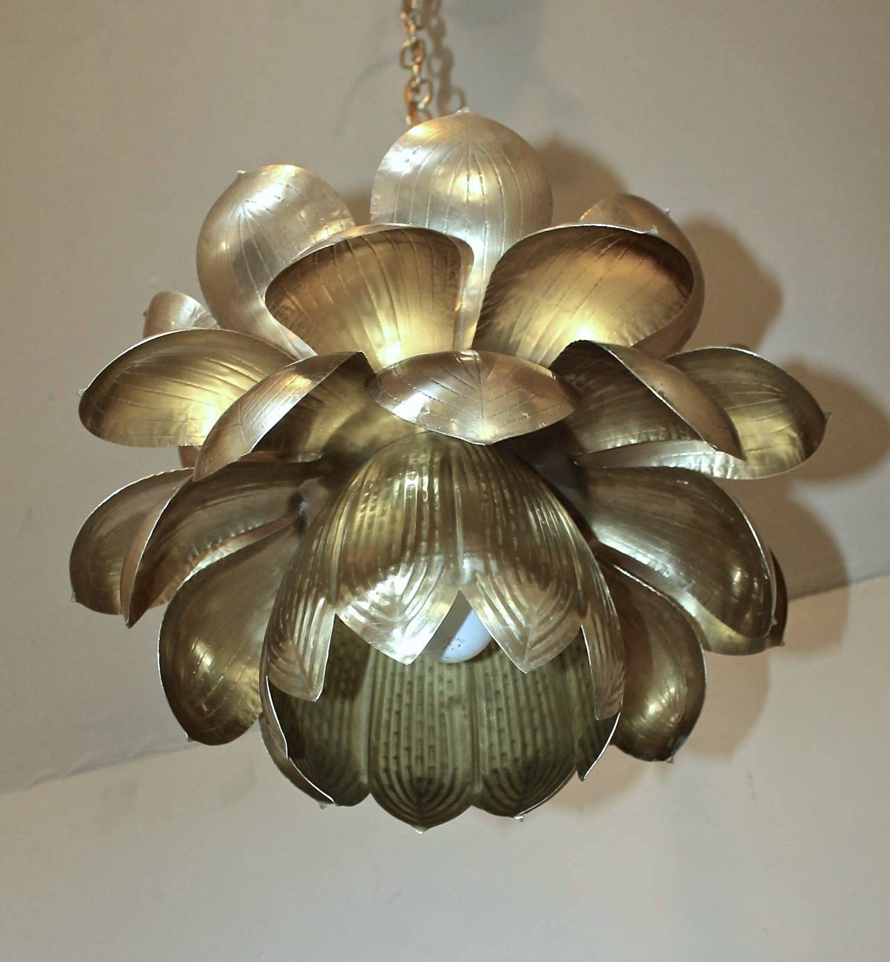 Pair of Large Rare Feldman Brass Lotus Chandeliers or Pendants In Good Condition In Palm Springs, CA