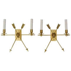 Pair French Brass Arrow Lion Head Brass Sconces