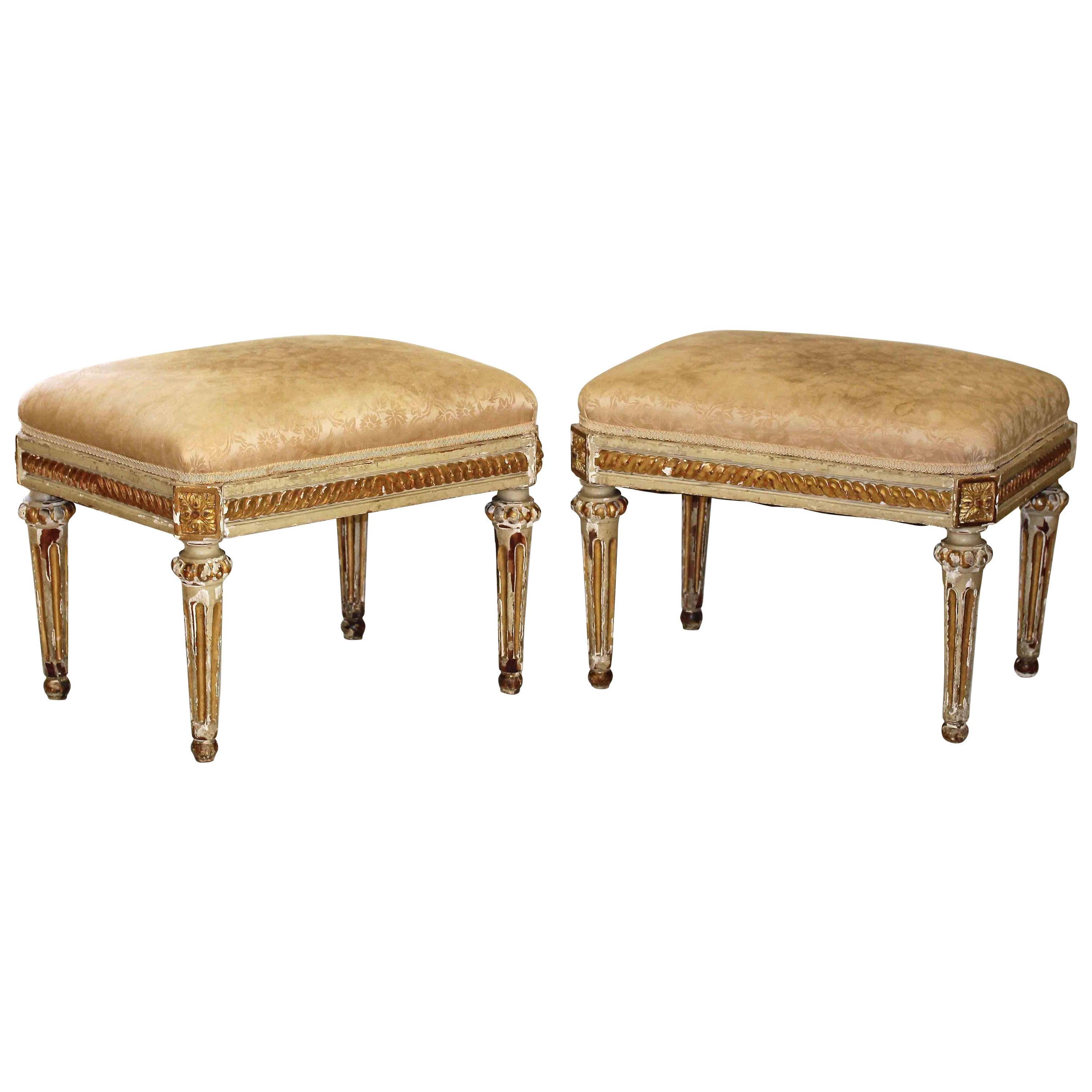 Pair French Louis VXI Painted & Gilt Benches Stools