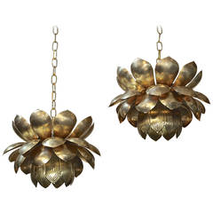 Pair Large Rare Feldman Brass Lotus Chandeliers or Pendants 8