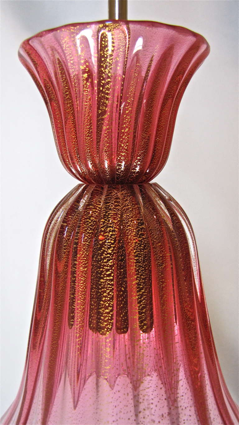 Italian Pair Murano Seguso Cranberry Red and Gold Ceiling Light Pendants