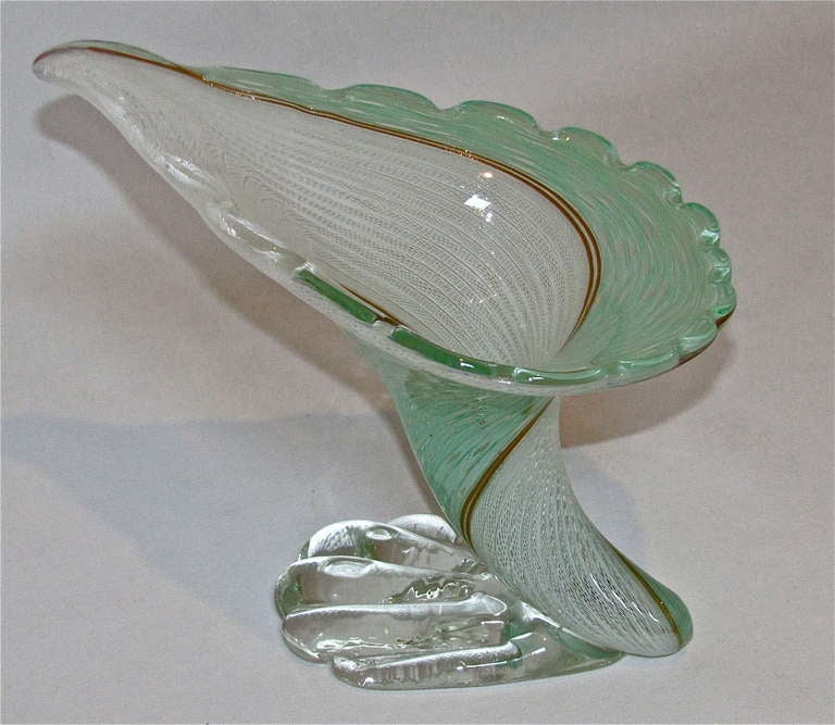 Stunning vintage cornucopia or horn shaped Latticino glass vase with intricate white, mint green and cooper/gold stripes.