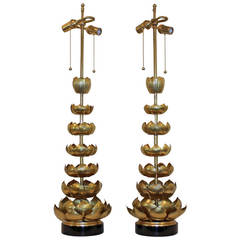 Pair of Tall Brass Lotus Feldman Company Table Lamps