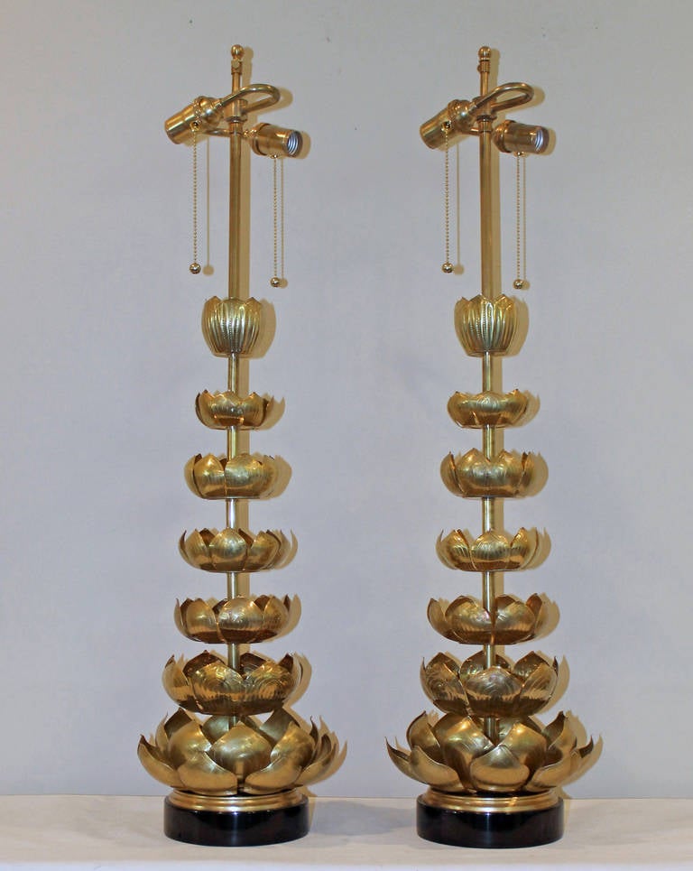 Pair of Tall Brass Lotus Feldman Company Table Lamps