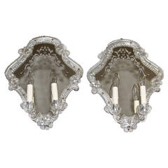 Pair Venetian Italian Etched Mirrored Wall Sconces