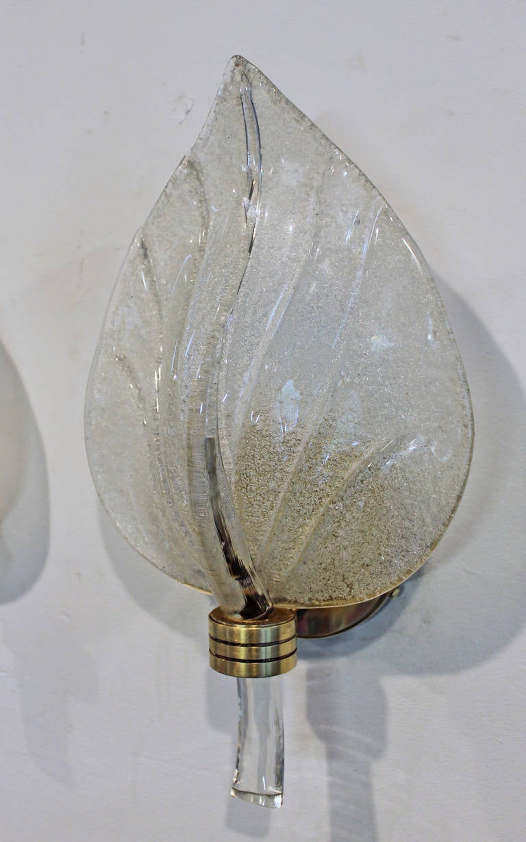 Brass Pair of Barovier Murano Italian Glass Leaf Wall Sconces