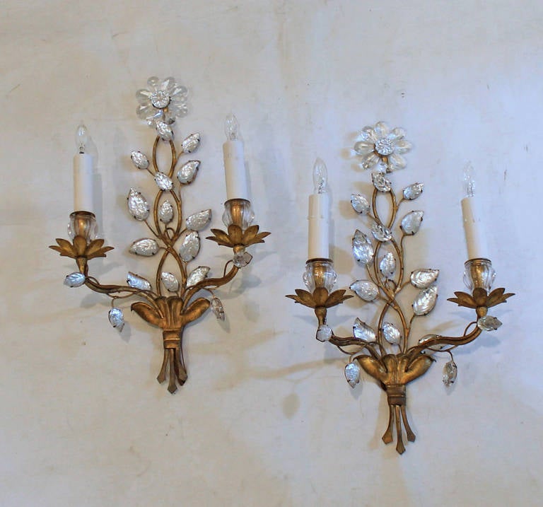 Mid-20th Century Pair of Bagues Floral Gilt Bronze Wall Sconces