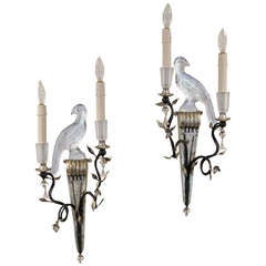 Pair Bagues Style Parrot Silver Gilt Wall Sconces