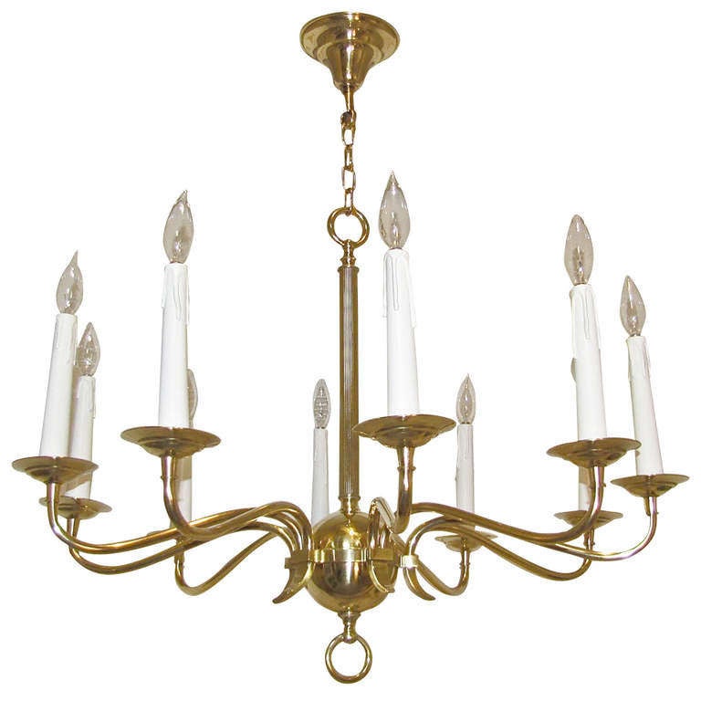Large French Moderne Brass 10 Light Chandelier