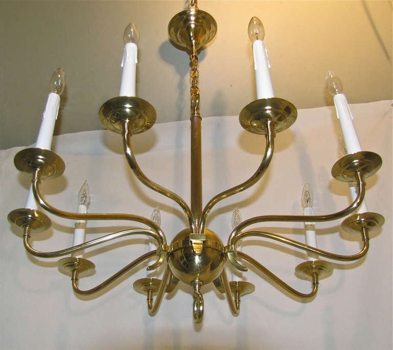 Mid-20th Century Large French Moderne Brass 10 Light Chandelier