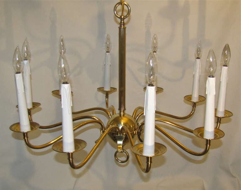 Large French Moderne Brass 10 Light Chandelier In Excellent Condition In Palm Springs, CA