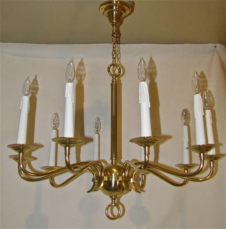 Large French Moderne Brass 10 Light Chandelier 1