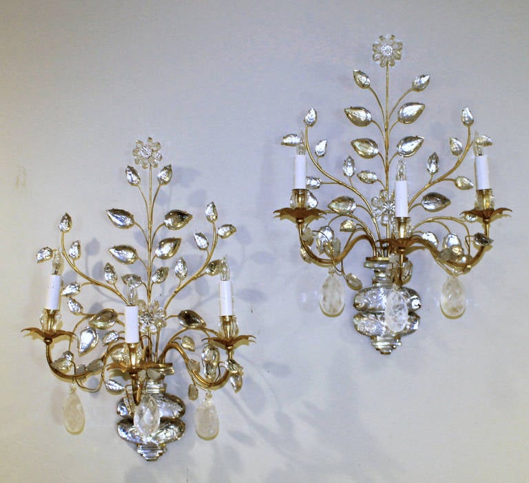 Exquisite Pair of Bagues, French Rock Crystal Gilt Wall Sconces 3