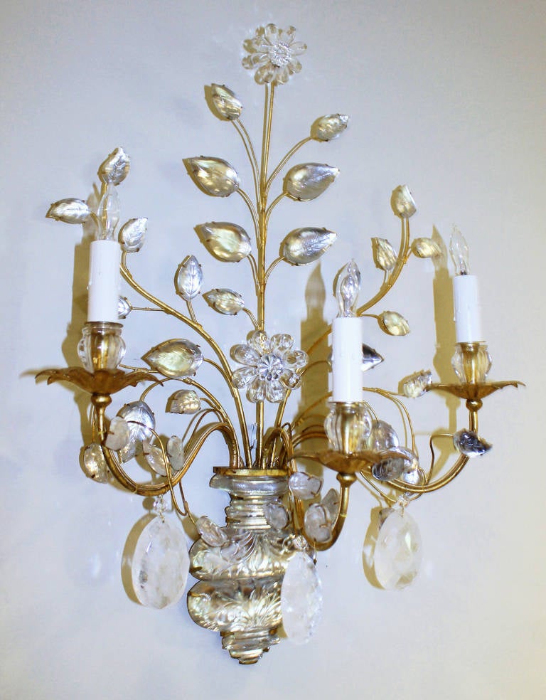 Exquisite Pair of Bagues, French Rock Crystal Gilt Wall Sconces 5