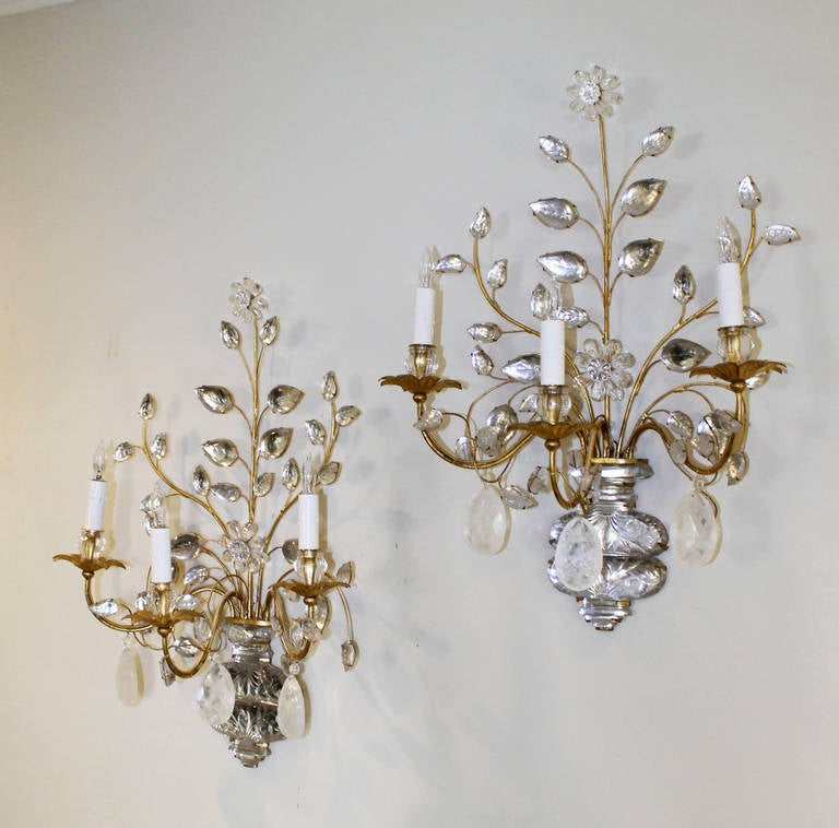 Exquisite Pair of Bagues, French Rock Crystal Gilt Wall Sconces 1