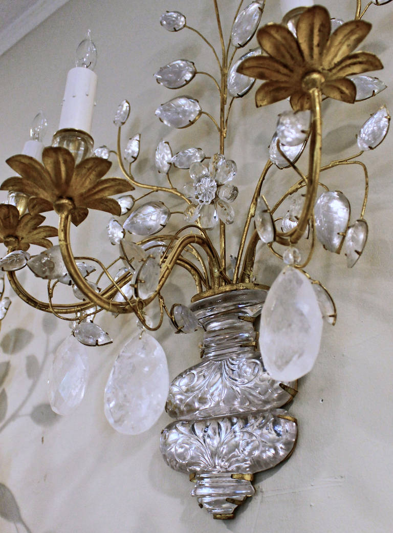 Exquisite Pair of Bagues, French Rock Crystal Gilt Wall Sconces 2