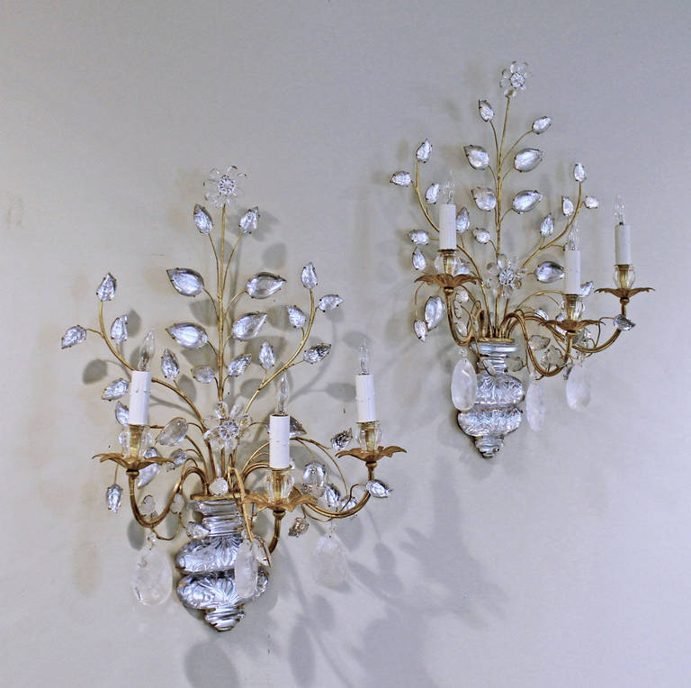 Exquisite Pair of Bagues, French Rock Crystal Gilt Wall Sconces 6